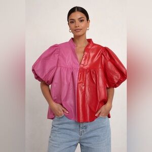 THML Pink and Red Faux Leather Colorblock Puff Sleeve Top